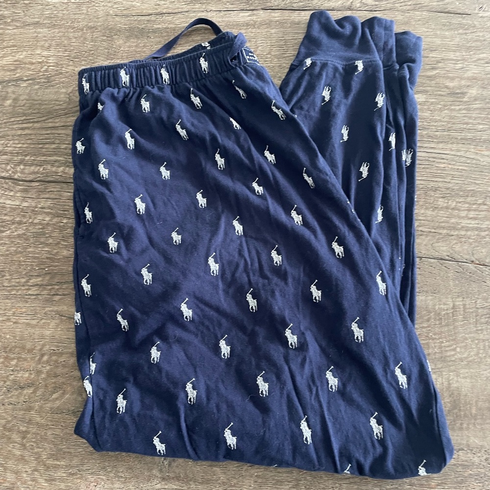 NEW NEVER WORN Mens Ralph Lauren pajama bottom joggers navy blue and white.